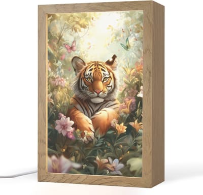 Nachtlampje 20x30 cm - Kinder lampje - Tijger - Bloemen - Jungle - Dieren - Tafellamp kinderkamer - Slaapkamer lamp - Bedlamp kinderen - Kinderlampje stopcontact - Wandlamp babykamer - Nachtlampjes