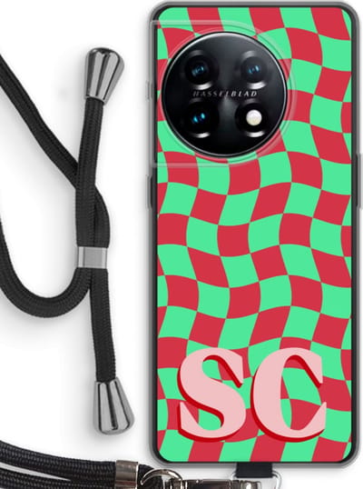Gepersonaliseerd - Case Company® - Hoesje met koord geschikt voor OnePlus 11 hoesje met Koord - Grid Monogram - Telefoonhoesje met Zwart Koord - Bescherming aan alle Kanten en Over de Schermrand