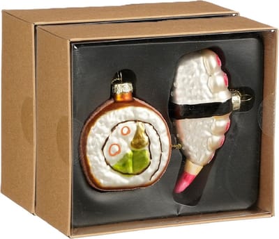 House of Seasons Kersthangers sushi - 4x stuks - glas - 14 x12 x 5,5 cm - kerstornamenten