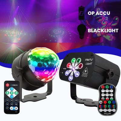 Lucion® Discolamp & Party blacklight set - Discolampen - Discobal - Party Lights - Blacklight - Disco verlichting - Roterende led discolamp verlichting - Stroboscoop effect - Party laser met UV led - Feestverlichting set op accu met statief