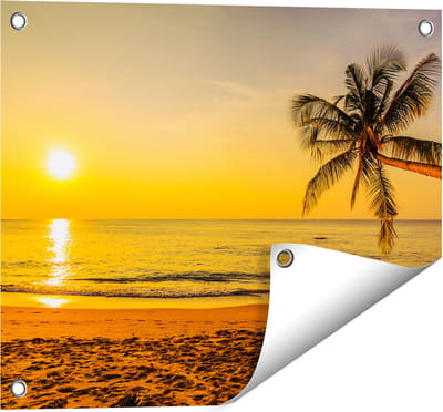 Gards Tuinposter Tropisch Strand tijdens Zonsondergang - 50x40 cm - Tuindoek - Tuindecoratie - Wanddecoratie buiten - Tuinschilderij