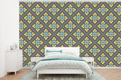 Behang - Fotobehang Design - Ruit - Bloemen - Grijs - Breedte 345 cm x hoogte 220 cm