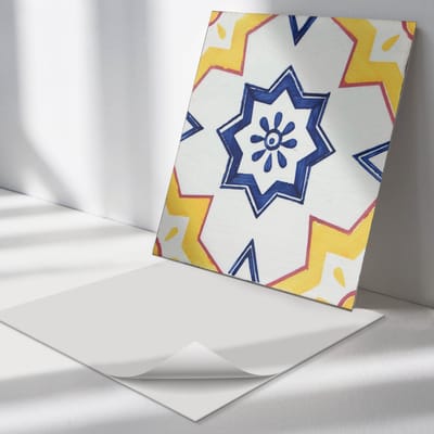 Wallfluent Vinyl Tegels - Geometrisch Patroon met Sterren Vinyl Vloer Tegels - 30 cm x 30 cm - Geel PVC Tegels - Verpakking van 9 stuks - Vierkant PVC Tegels - Texturen Plaktegels - Zelfklevende Vinyltegels - Plaktegels Keuken en Badkamer