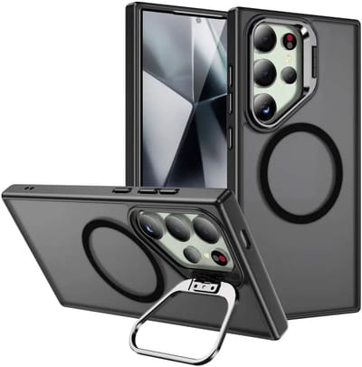 Hoesje Geschikt voor Samsung Galaxy S24 Ultra - Compatibel met MagSafe & Qi2 - Back Cover met Standaard - Camera Kickstand - Zwart