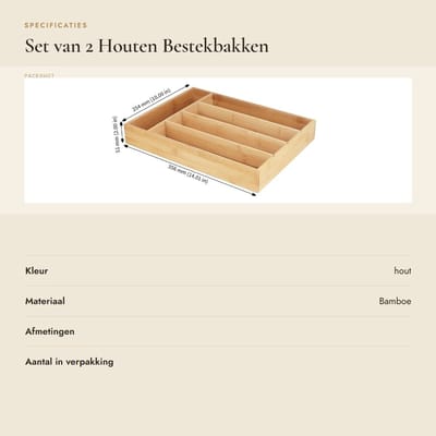Dailygoods- Bestekbak Uitschuifbaar - 2 Stuks - Houten Bestekbak - 35,6 x 25,4 x 5,1 cm - Vaatwasserbestendig - Duurzaam Keukenorganizer - Bestekorganizer