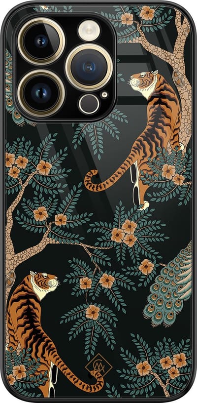 Casimoda® hoesje - Geschikt voor iPhone 14 Pro - Tijger Jungle - Luxe Hard Case Zwart - Backcover telefoonhoesje - Bruin/beige