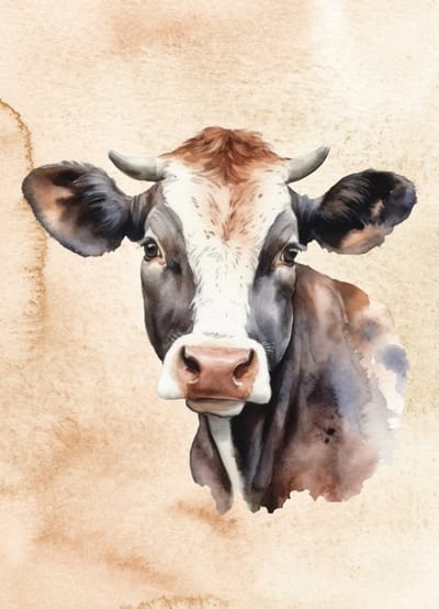 Blanco wenskaart – Enkele kaart met aquarel koeienkop – Origineel ontwerp – Stevig 400 grams papier – Inclusief kraft envelop – Geschikt voor elke gelegenheid – FSC
