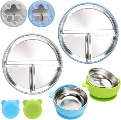 Set van 4 RVS Baby Borden en Kommen met Siliconen Zuignap - Veilig, Duurzaam en BPA-vrij Eetset voor Peuters - Perfect Cadeau voor Jonge Kinderen