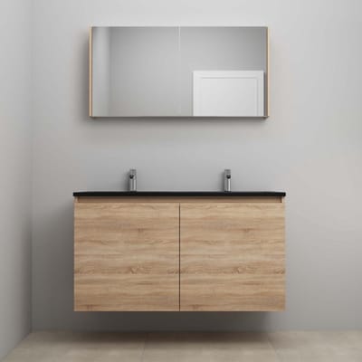 On-Line Badkamermeubelset - 120 cm - Bouwpakket - Greeploze Ladestructuur - Acryl Wastafel - 2 Kraangaten - Spiegelkast - Eiken - V01