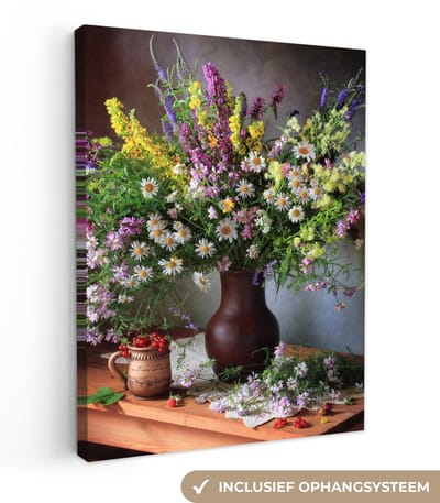 Canvas schilderij 30x40 cm - Wanddecoratie Bloemen - Tafel - Stilleven - Boeket - Vaas - Muurdecoratie woonkamer - Slaapkamer decoratie - Kamer accessoires - Schilderijen op canvas