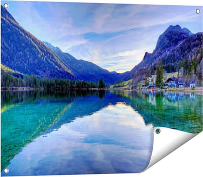 Gards Tuinposter Meer met Weerkaatsing in de Bergen - 80x60 cm - Tuindoek - Tuindecoratie - Wanddecoratie buiten - Tuinschilderij