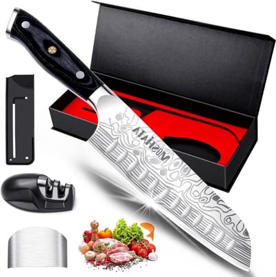 Santoku Kookmes 7" met Vingerbeschermer en Slijper, Hoogwaardig Duits Roestvrij Staal EN.4116, Micarta Handvat, Inclusief Cadeaubox