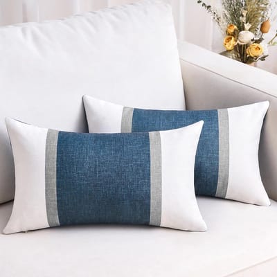 Famanu - Set van 2 kussenslopen, 30 x 50 cm, bankkussen, sierkussen, blauw, katoen, linnen, kussenhoezen, strepen, decoratieve kussensloop, patchwork, bank, kussenslopen voor bank, slaapkamer, woonkamer
