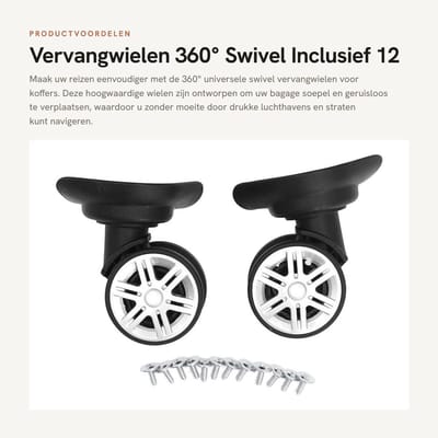 Dailygoods- Vervangwiel 360° Rotatie - Kofferwielen Vervangset - ABS Kunststof - Geluidsarm - Inclusief 12 Bevestigingsschroeven - Totale Hoogte 9,5 cm