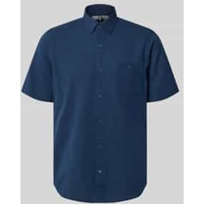 LERROS Effen overhemd met korte mouwen en structuur , Maat: M , Kleur: CLASSIC NAVY , 80% katoen, 20% linnen