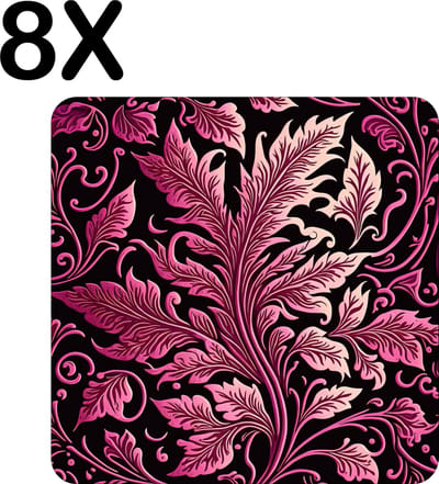 Luxe Placemat - Roze Bloemen Kunst op Zwarte Achtergrond - Set van 8 Placemats - 50x50 cm - 2 mm dik Vinyl - Anti Slip - Afneembaar