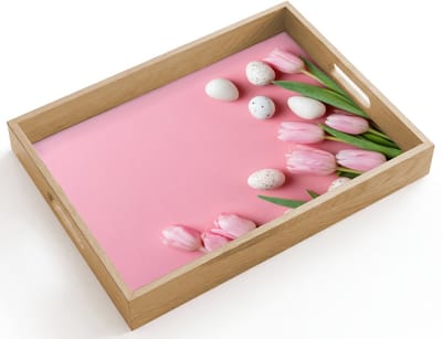 Dienblad hout 40x30 cm - Schootdienblad - Tulpen - Eieren - Roze - Pasen - Borrelplank rechthoek - Plateau dienbladen