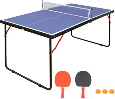 137,2 cm/4,5 ft opvouwbare tafeltennistafel, draagbare pingpongtafelset met net, 2 tafeltennisbatjes en 3 ballen voor binnen- en buitenspellen, gemakkelijk op te bergen
