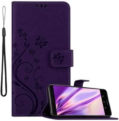 Cadorabo Hoesje geschikt voor Huawei MATE 9 in BLOEMEN DONKER PAARS - Beschermhoes in bloemmotief met magnetische sluiting, standfunctie en kaartsleuven Book Case Cover Etui