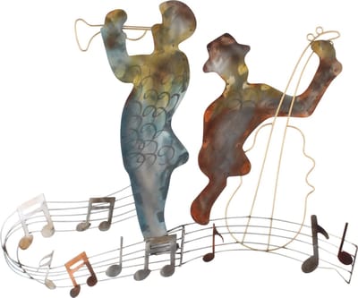 Metalen wandbord muzikanten trompettist en bassist