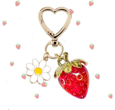 Kleine sleutelhanger met rode vruchten en madeliefjes - tashanger met metalen ketting - rood - decoratief en praktisch.