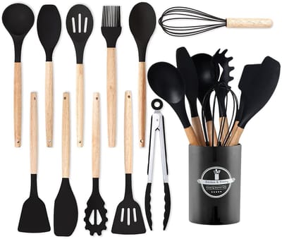 Wishdor 12-Delige Keukengerei Set - Siliconen met Houten Handvat - Hittebestendig & BPA-vrij - Inclusief Houder - Zwart