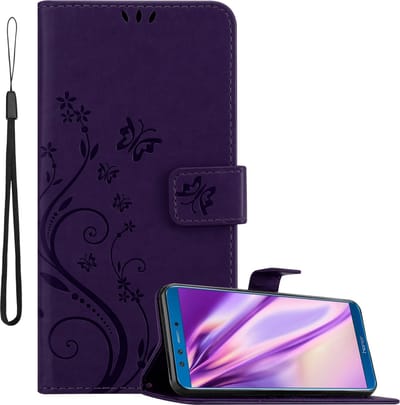 Cadorabo Hoesje geschikt voor Honor 9X LITE in BLOEMEN DONKER PAARS - Beschermhoes in bloemmotief met magnetische sluiting, standfunctie en kaartsleuven Book Case Cover Etui