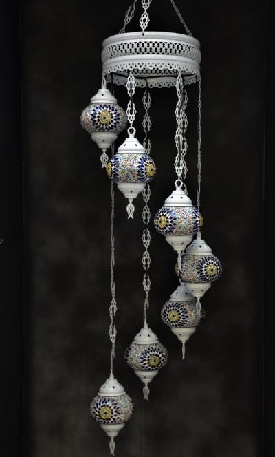 Hanglamp multicolour glas  blauw mozaïek Oosterse lamp kroonluchter Crèmewit 7 bollen
