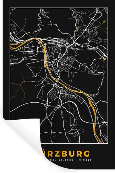 Muurstickers - Sticker Folie - Stadskaart – Plattegrond – Duitsland – Goud – Würzburg – Kaart - 20x30 cm - Plakfolie - Muurstickers Kinderkamer - Zelfklevend Behang - Zelfklevend behangpapier - Stickerfolie