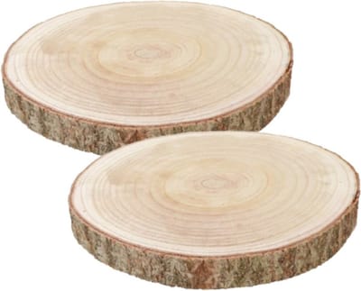 Chaks Decoratie boomschijf met schors - 2x - hout - D38 x H4 cm - rond - Onderborden/kaarsenplateaus