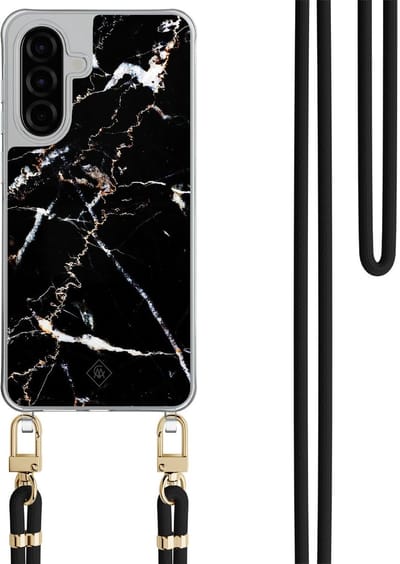 Casimoda® hoesje met zwart koord - Geschikt voor Samsung A26 - Marmer Zwart - Afneembaar koord - TPU/polycarbonaat - Zwart