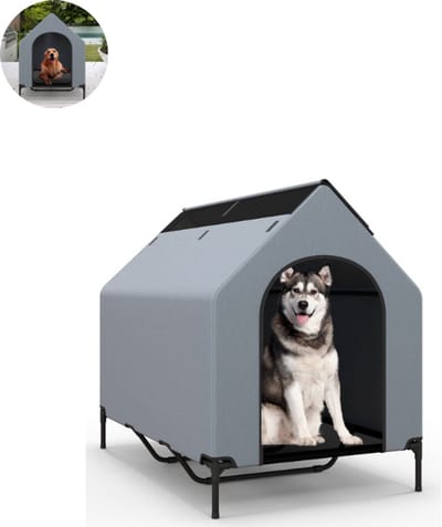 Hondenhok - Buiten - Bench - Ren - Weerbestendig - Kennel - Rek - Grijs + Zwart