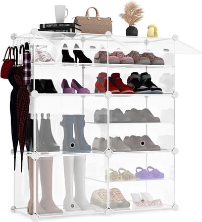 Schoenenrek, 6-laags kunststof schoenenrek met deur, voor 24 paar schoenen en laarzen, stapelbare schoenenkast voor hal, slaapkamer, kledingkast, entree