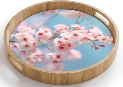 Dienblad rond 40x40 cm - Schootdienblad hout - Takken - Bloesems - Roze - Borrelplank rechthoek - Plateau houten dienbladen