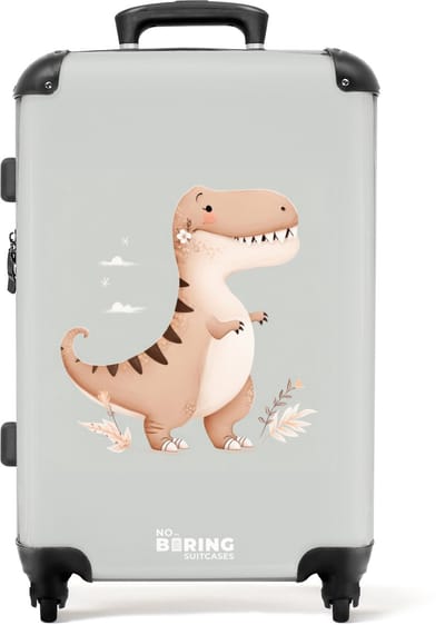 NoBoringSuitcases.com® - Kinderkoffer jongen - Kindertrolley jongens - Dino in beige en grijze kleuren - Koffer kind groot - Rolkoffer lichtgewicht - Reiskoffer met 4 wielen - Grote trolley XL - 20 kg bagage