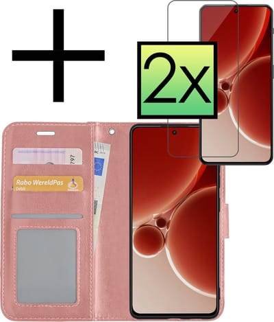 Hoesje - Met 2x Screenprotector - Geschikt voor OnePlus Nord 3 - Luxe Pasjeshouder - Bookcase Portemonee - Flip Case - Kunstleer Book Case - Flipcase Hoes - Book Cover - Walletcase - Portemonneehoes - Rosé goud