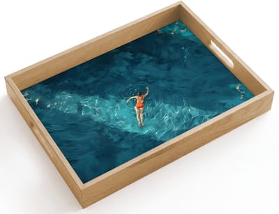 Dienblad hout 40x30 cm - Schootdienblad - Vrouw - Water - Bikini - Oranje - Borrelplank rechthoek - Plateau dienbladen
