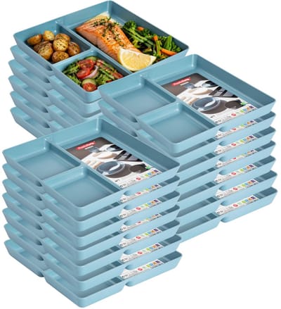 Plasticforte Vakjesborden - 20x stuks - blauw - gourmetbord - 3-vaks - kunststof - 24 x 24 cm - fonduebord - bbq - camping