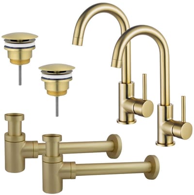 FugaFlow Eccelente Sobrado Badkamer Wastafelkraanset - voor dubbele wastafel - hoge wastafelkraan - draaibare uitloop - always open plug - verlaagde design sifon - PVD Geborsteld Messing