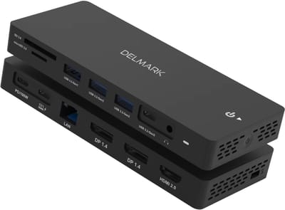 Delmark 13-in-1 USB-C Docking Station – Triple Display 4K 60Hz (2x DP + HDMI) – 10Gbps USB 3.2 – Gigabit Ethernet RJ45 – PD 100W