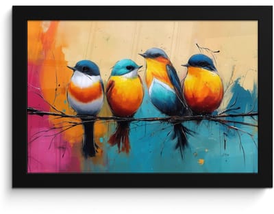 Poster in lijst - Fotolijst 30x20 cm - Posters - Vogels - Kleurrijk - Tak - Abstract - Posterlijst zwart - Decoratie - Wanddecoratie woonkamer - Muurdecoratie slaapkamer