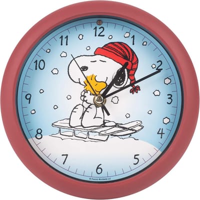 Snoopy en Woodstock Kerstklok met Muziek - Wandklok 20 cm met Snoopy op Slee