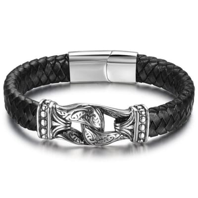 Victorious Gevlochten Leren Armband Heren – RVS Roestvrij Staal – Zwart/Zilver – 19cm