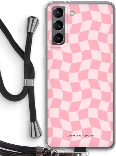 Case Company® - Hoesje met koord geschikt voor Samsung Galaxy S21 hoesje met Koord - Grid Roos - Telefoonhoesje met Zwart Koord - Bescherming aan alle Kanten en Over de Schermrand