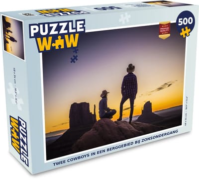 Puzzel Twee cowboys in een berggebied bij zonsondergang - Legpuzzel - Puzzel 500 stukjes