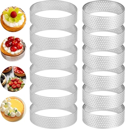 Set van 12 perforated tartelette molds van roestvrij staal voor desserts, taarten, muffins en pizza's - 8 cm en 5 cm