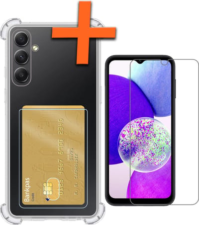 Hoes - Geschikt voor Samsung Galaxy A14 - Met Screenprotector - En Pashouder - En Kaarthouder - Telefoon Hoesje Shockproof - Siliconen Case - Back Cover - Shock Proof - Pasjes Houder - Transparant