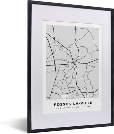 Fotolijst incl. Poster Zwart Wit- Stadskaart – Plattegrond – België – Zwart Wit – Fosses la Ville – Kaart - 30x40 cm - Posterlijst