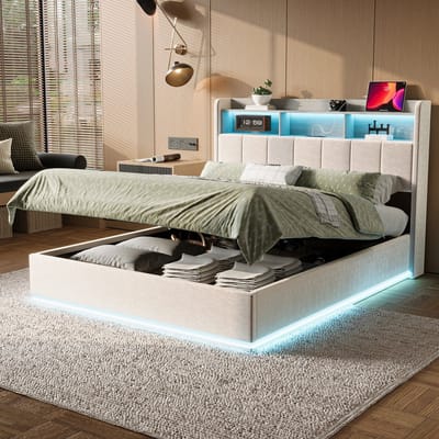 Hydraulisch opbergbed 140 x 200 cm, gestoffeerd tweepersoonsbed met ledverlichting en USB-oplaadfunctie, functioneel bedframe met opbergruimte en lattenbodem, witte flanel, zonder matras