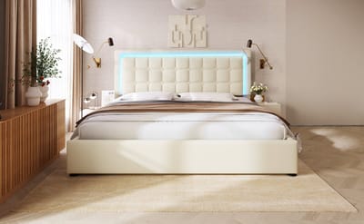 Wishdor – Opbergbed 140x200 cm – LED 60.000+ Kleuren & Hydraulische Opbergruimte – Matras inbegrepen – Kunstleer Wit